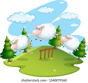 Background scene of field with jumping sheeps illustration