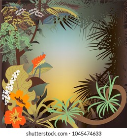 Background scene with flowers and trees in jungle illustration