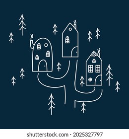 Background is a scene with a forest and houses. New Year's illustration in a circle of Astrakhan Christmas trees. A poster for Christmas and New Year. Vector illustration