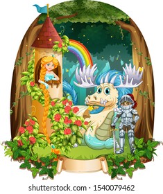 Background scene of forest with knight and dragon illustration