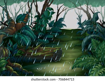 Background scene with forest in the rain illustration