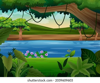 Background scene of forest with river and many trees illustration