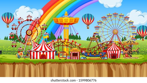 Background scene of funpark with many rides illustration