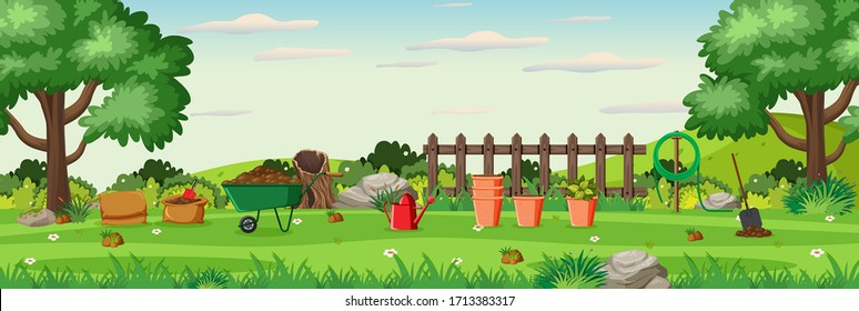 Background scene with gardening equipments in the garden illustration