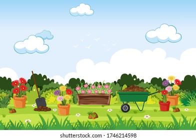 Background scene with gardening tools in the garden illustration