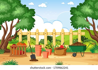 Background scene with gardening tools in the park illustration