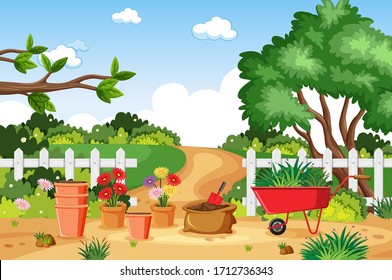 Background scene with gardening tools in the park illustration