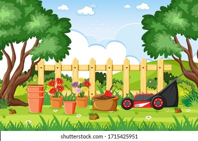 Background scene with gardening tools in the park illustration