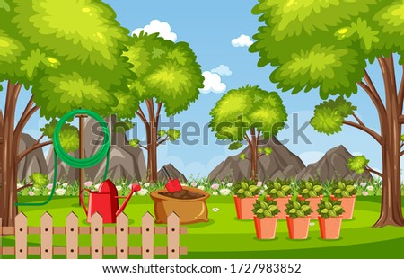 Background scene with gardening tools in the park illustration