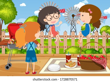 Background scene with girls eating in the park illustration