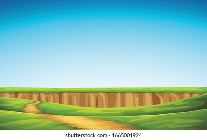 Escena de fondo con campo verde e ilustración azul del cielo