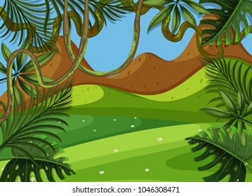 Background scene with green field and mountain illustration