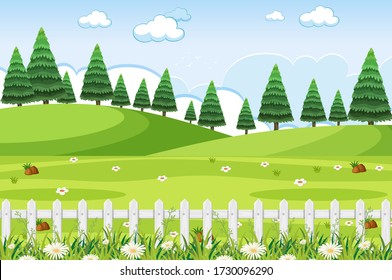 Background scene with green grass and fences in the park illustration