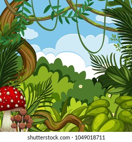 Background scene with green trees in forest illustration