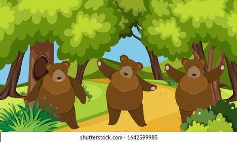 Background scene with grizzly bears in forest illustration
