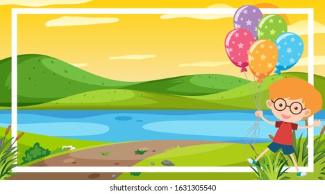 Background scene with happy boy by the river illustration