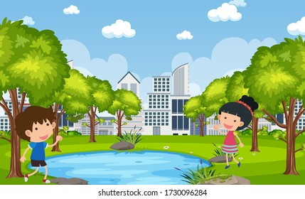 Background scene with happy children in the park illustration