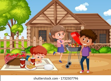 Background scene with happy kids in the park illustration