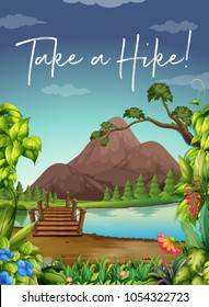 Background scene with hiking by the river illustration