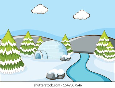 Background scene with igloo by the river illustration