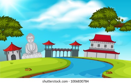Escena de fondo con ilustración de un templo japonés