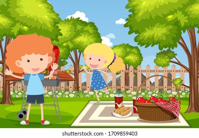 Background scene with kids eating in the park illustration