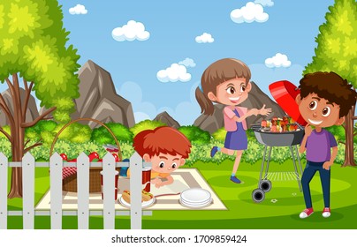 Background scene with kids eating in the park illustration