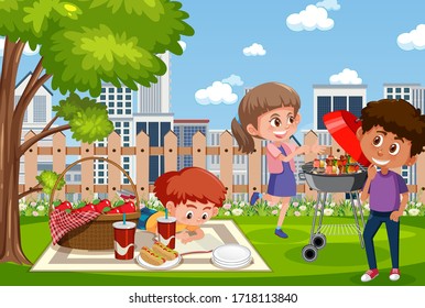 Background scene with kids eating in the park illustration