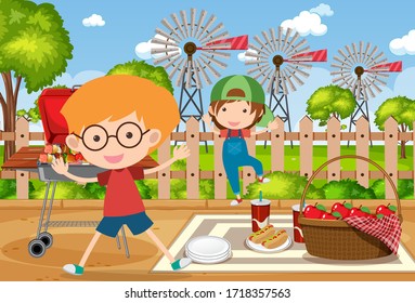 Background scene with kids eating in the park illustration