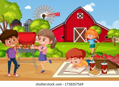 Background scene with kids eating in the park illustration