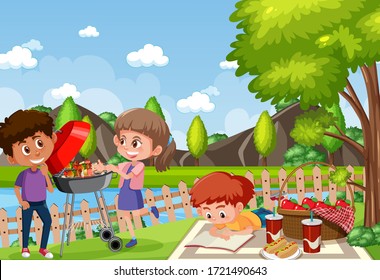 Background scene with kids eating in the park illustration