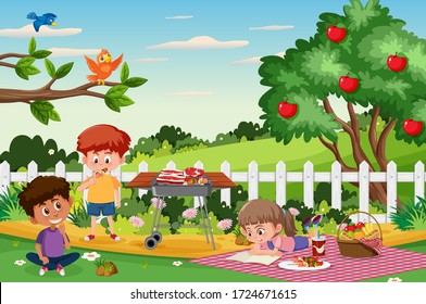 Background scene with kids eating in the park illustration