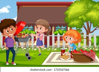 Background scene with kids eating in the park illustration