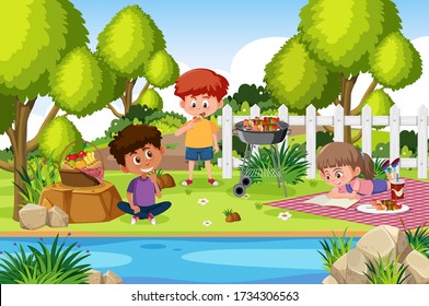 Background scene with kids eating in the park illustration