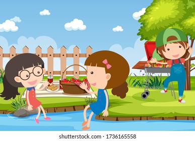 Background scene with kids having picnic in the park illustration