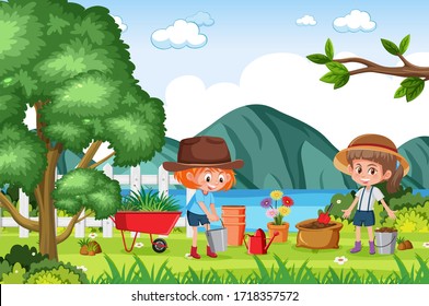 Background scene with kids planting flowers in the park illustration