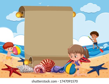 Background scene with kids playing on the beach illustration