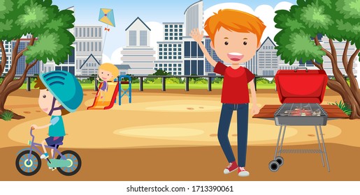 Background scene with kids playing in the park illustration