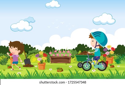 Background scene with kids playing in the park illustration