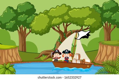 Background scene with kids playing pirate in the woods illustration