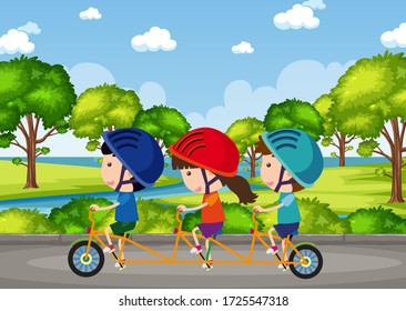 Background scene with kids riding bike in the park illustration