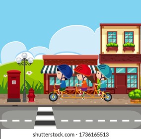 Background Scene With Kids Riding Bike On The Sidewalk Illustration