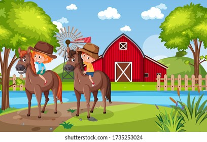 Background scene with kids riding horses in the park illustration