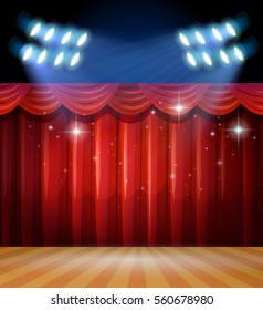 Escena de fondo con cortinas claras y rojas en la ilustración del escenario