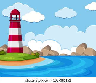 Escena de fondo con faro a orillas del mar