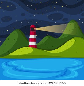 Background scene with lighthouse at night illustration