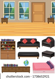 Background scene of living room and set of furnitures on white background illustration