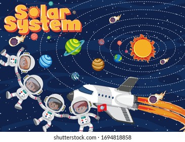 Background scene with many astronauts in space illustration