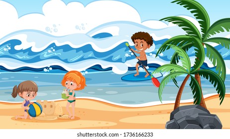 Escena de fondo con muchos niños en la ilustración de la playa