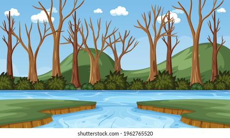 Background scene with many dry trees and river, illustration